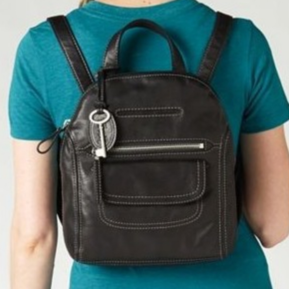 Fossil Black Soft Leather Long Live Leather Backpack.